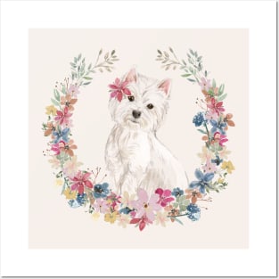 Cute Little Westie with Flower Wreath Posters and Art